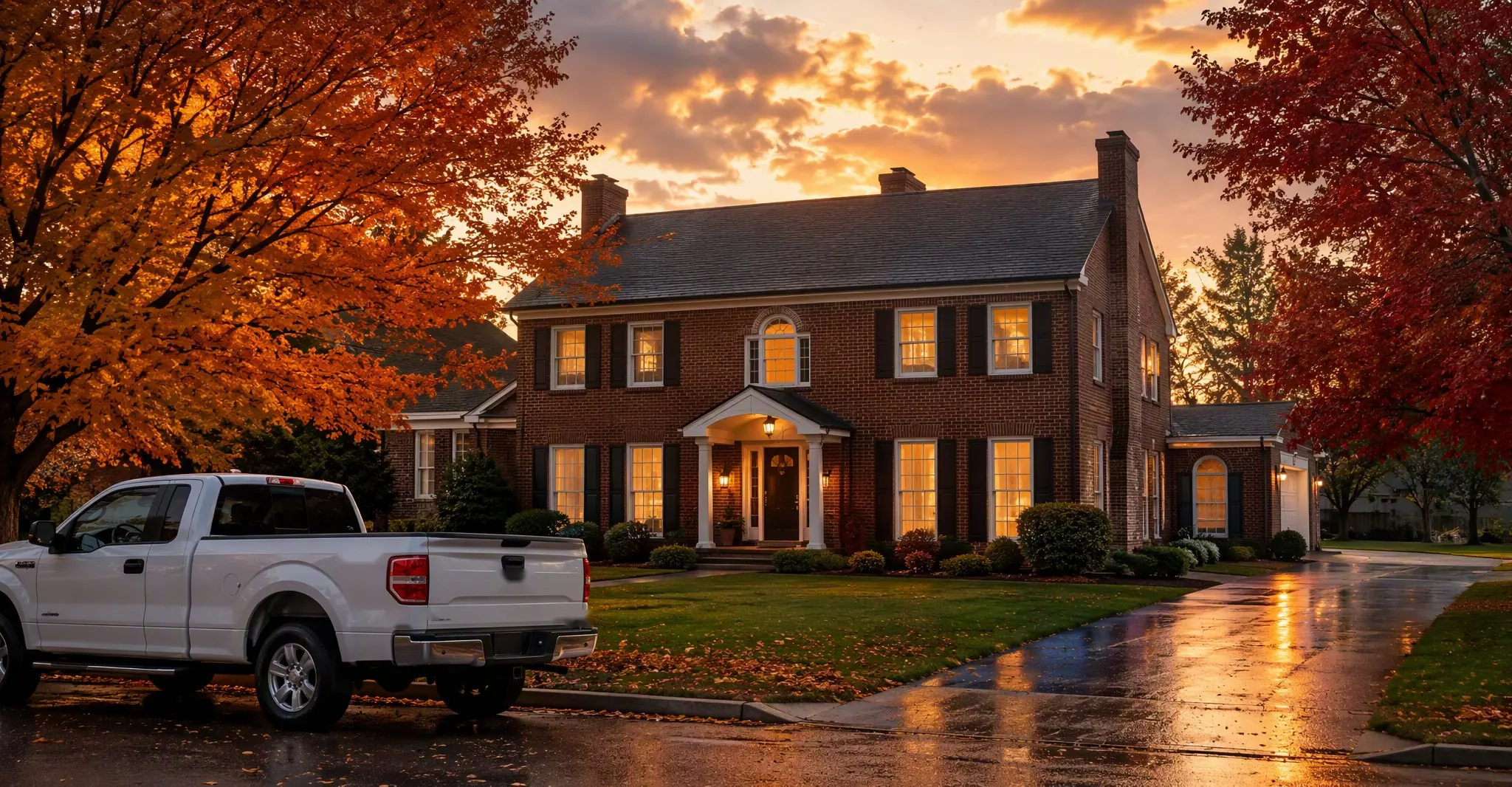 Restored Erie, PA brick home at dusk after storm cleanup
